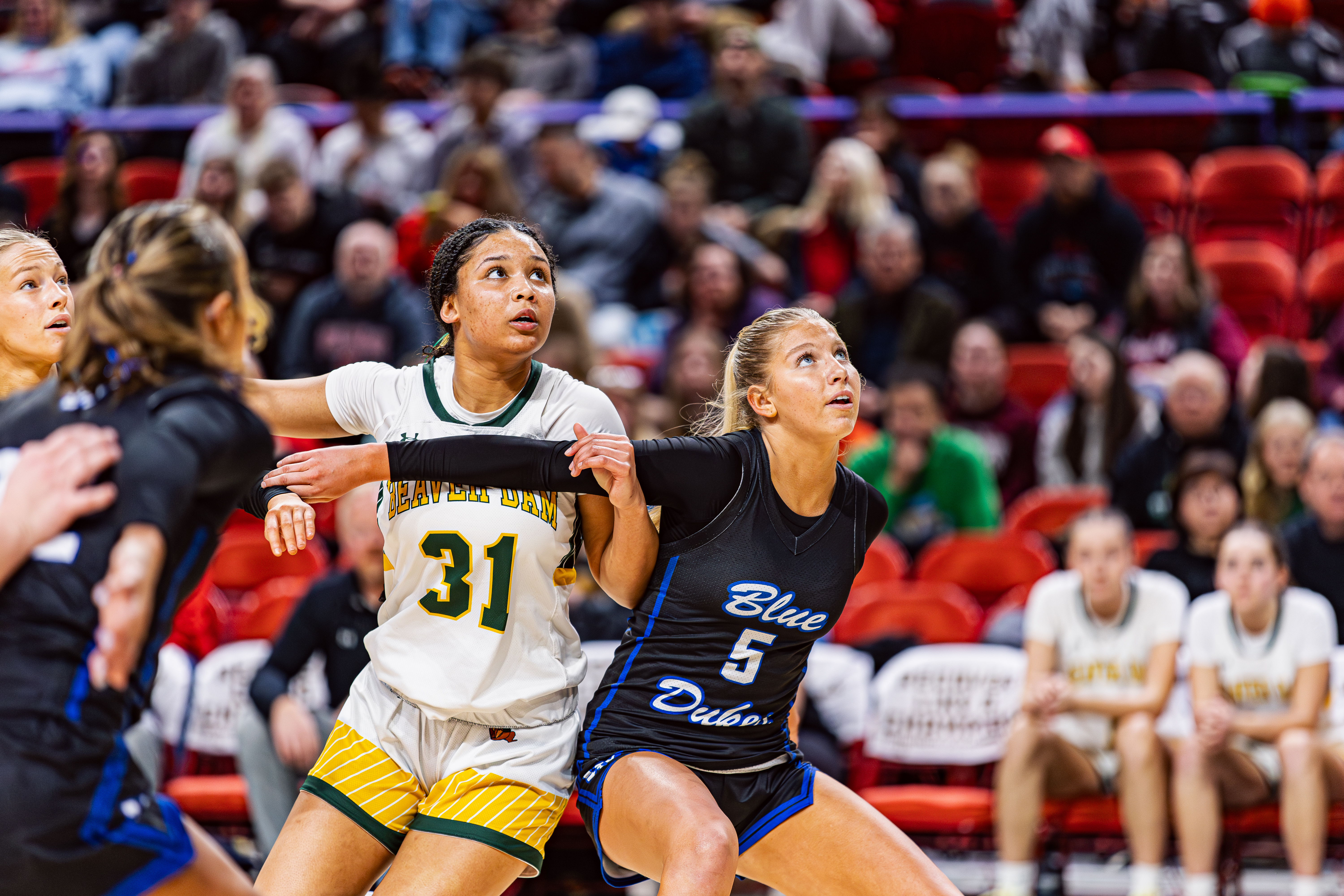 two girls on opposing teams playing basketball