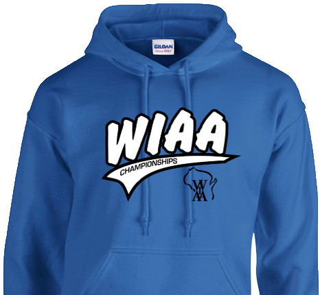 Blue hooded sweatshirt featuring a large WIAA Championships logo across the front with a Wisconsin state outline graphic beneath it.