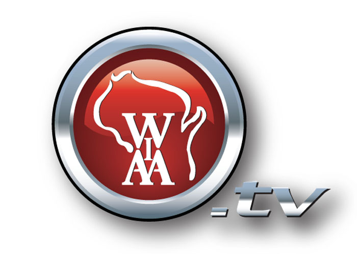 WIAA.tv logo featuring the WIAA initials over a Wisconsin state outline inside a red circular emblem with metallic silver accents.