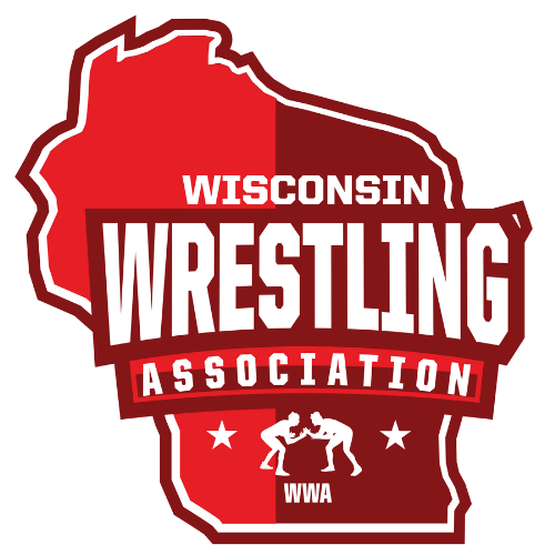 Wisconsin Wrestling Association logo with a red outline of Wisconsin, bold white “Wrestling” text, and two wrestlers grappling above the WWA initials.