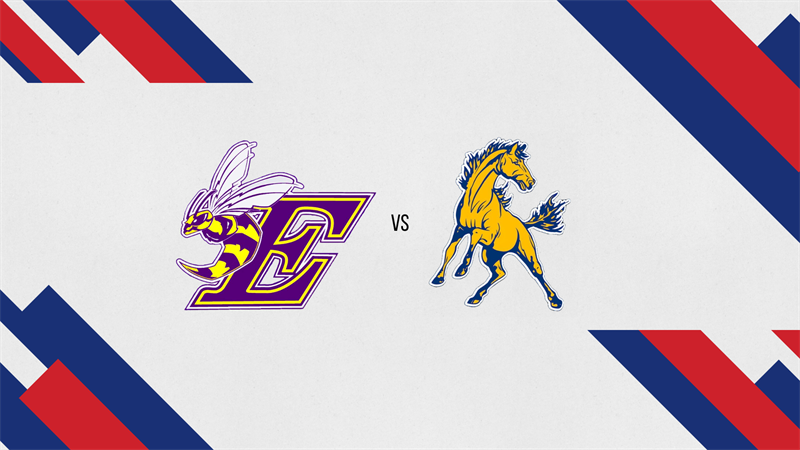 Graphic showing an Elcho “E” hornet logo versus a yellow horse logo on a white background with red and blue diagonal accents.