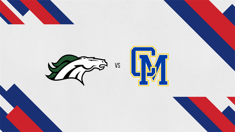 Graphic showing a white and green horse head logo versus a Catholic Memorial “CM” logo on a white background with red and blue diagonal accents.