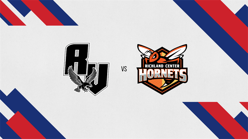 Graphic showing a black “RV” logo with an eagle versus a Richland Center Hornets logo on a white background with red and blue diagonal accents.