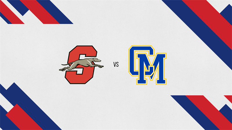 Graphic showing a red “S” logo with a greyhound versus a Catholic Memorial “CM” logo on a white background with red and blue diagonal accents.