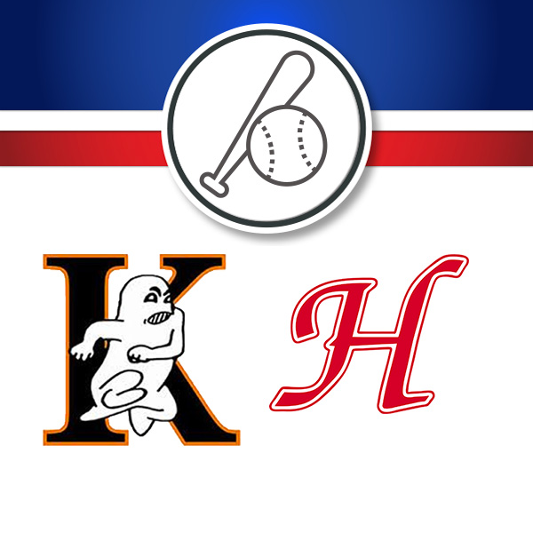 Graphic showing a baseball matchup between a Kaukauna “K” ghost logo and a red “H” logo.