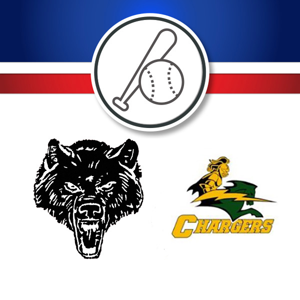 Graphic showing a baseball matchup between a wolf head logo and a Chargers logo.