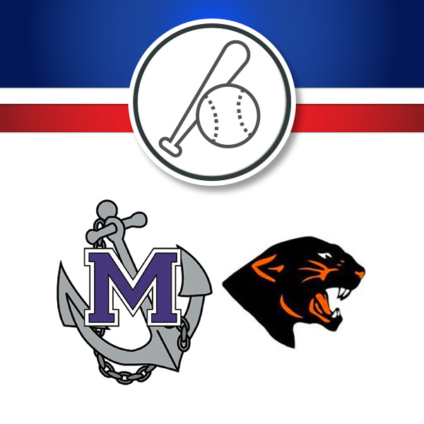 Graphic showing a baseball matchup between a Marinette “M” anchor logo and a black panther head logo.
