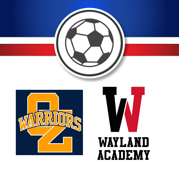Graphic showing a soccer matchup between the Ozaukee Warriors logo and the Wayland Academy logo.