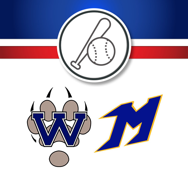 Graphic showing a baseball matchup between a Waukesha West “W” paw print logo and a blue and yellow “M” logo.