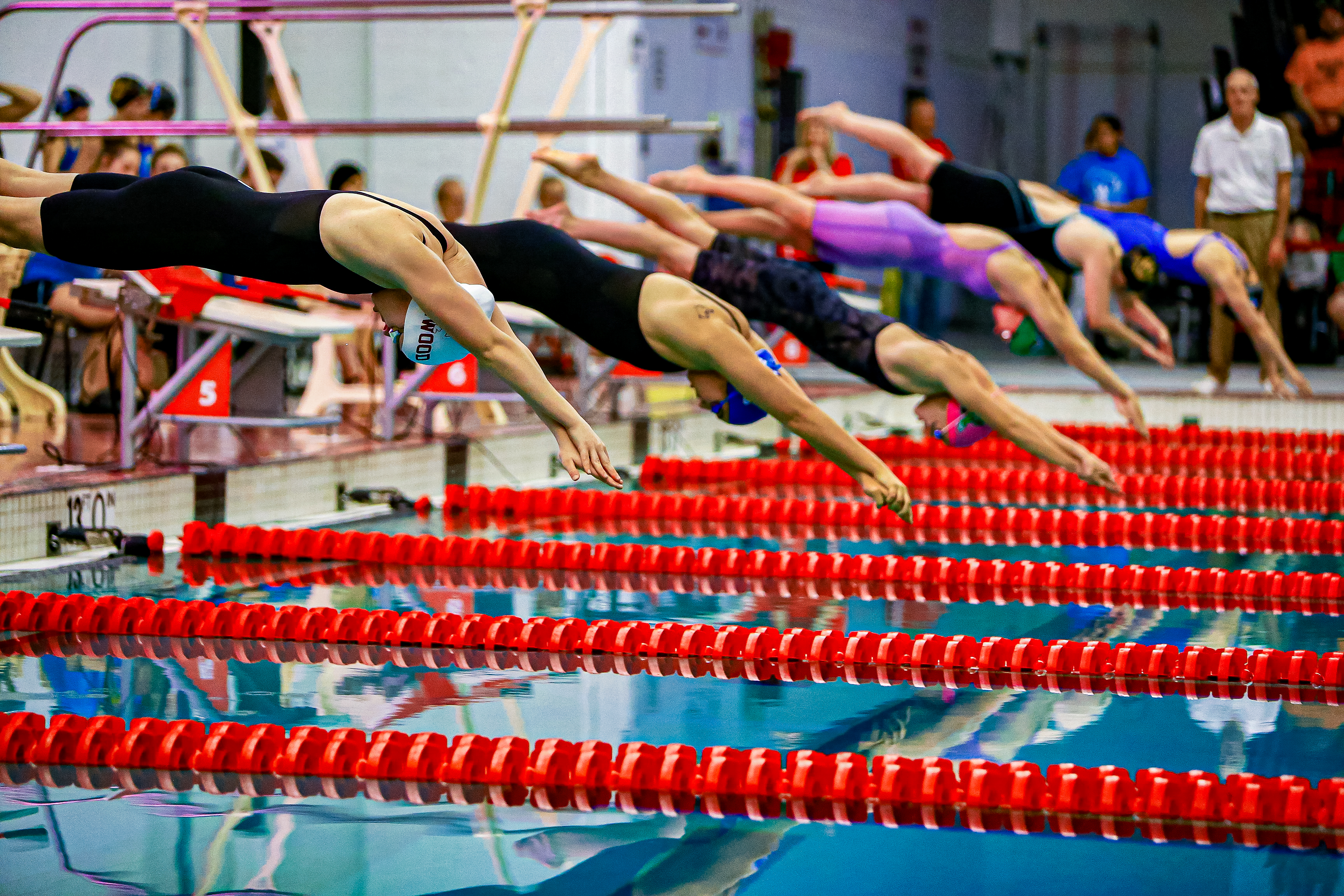 girls diving into pool