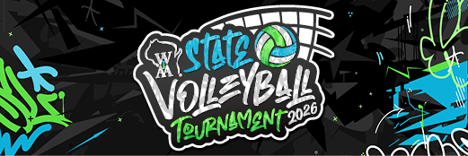 2026 WIAA State Volleyball Logo, black, lime green and bright blue graffiti look