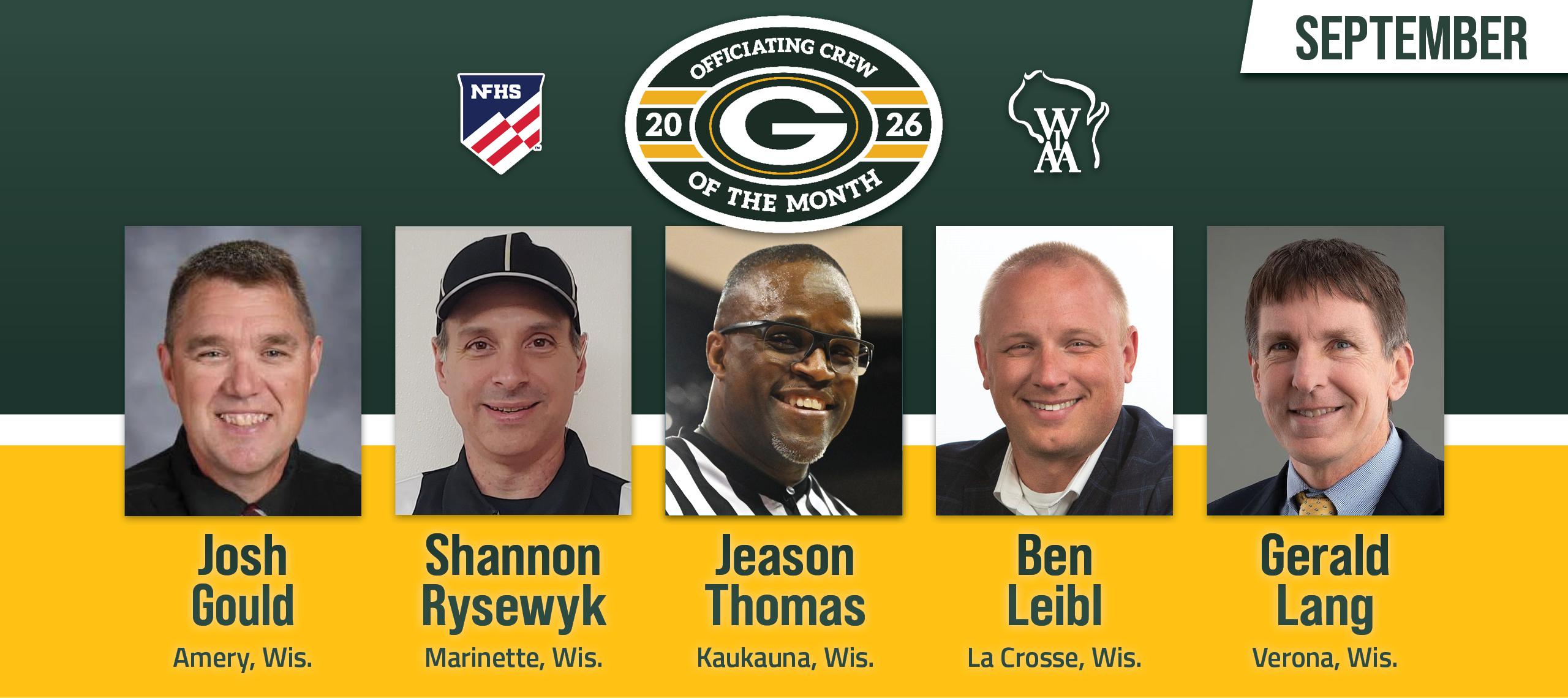 2026 Green Bay Packers, NFHS and WIAA Officiating Crew of the Month featuring five individuals for September 2025 with their individual headshots