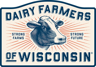 Dairy Farmers of Wisconsin logo featuring an illustrated cow and the words “Strong Farms, Strong Future.”