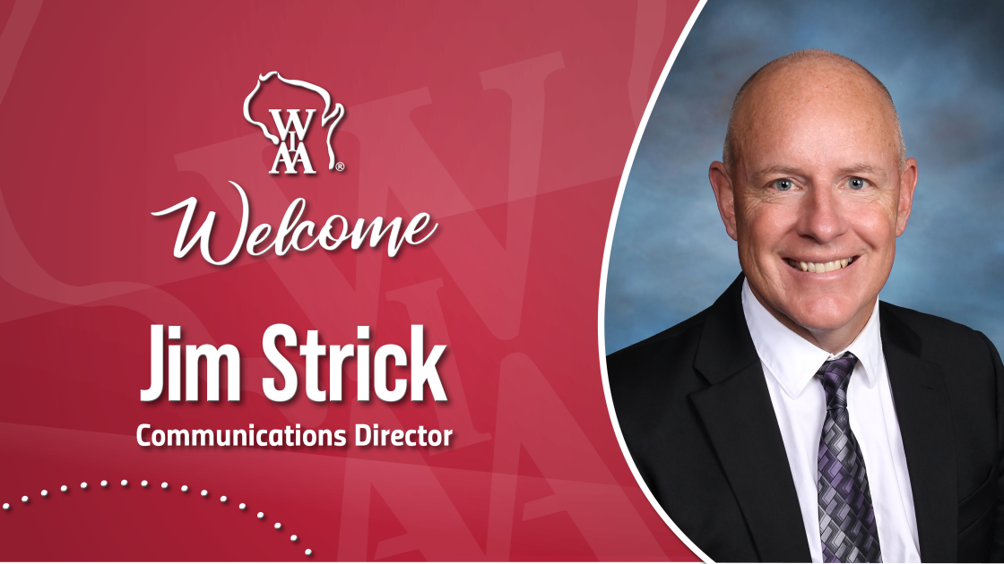 Graphic with image of Jim Strick on his hire as next WIAA communications director