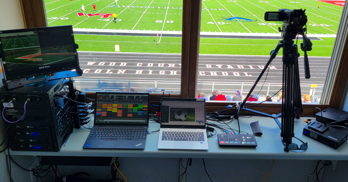 Web streaming camera and computer setup at a high school football field 