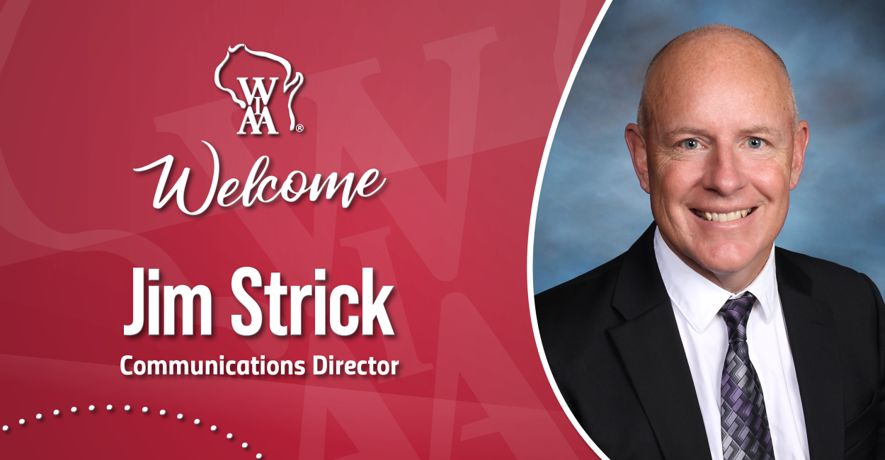 Graphic with image of Jim Strick on his hire as next WIAA communications director