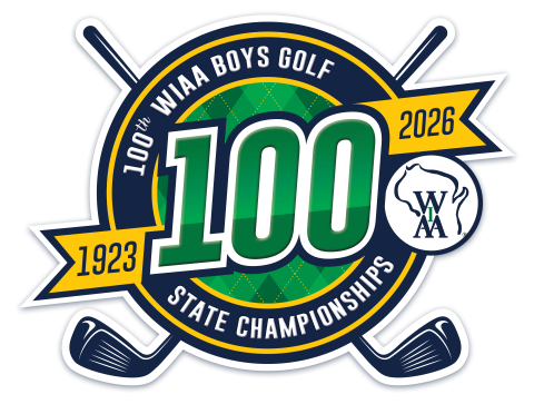100th WIAA Boys Golf State Championships 2026 commemorative logo featuring crossed golf clubs and WIAA branding