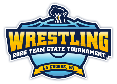 2026 WIAA Wrestling Team State Tournament logo with bold yellow “Wrestling” text, WIAA emblem, and “La Crosse, WI” on a blue and gold badge.