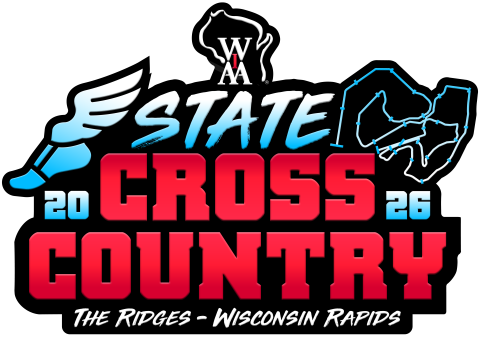 WIAA 2026 State Cross Country logo for The Ridges in Wisconsin Rapids, featuring a winged running shoe, a Wisconsin outline, and bold red and blue text on a black background.